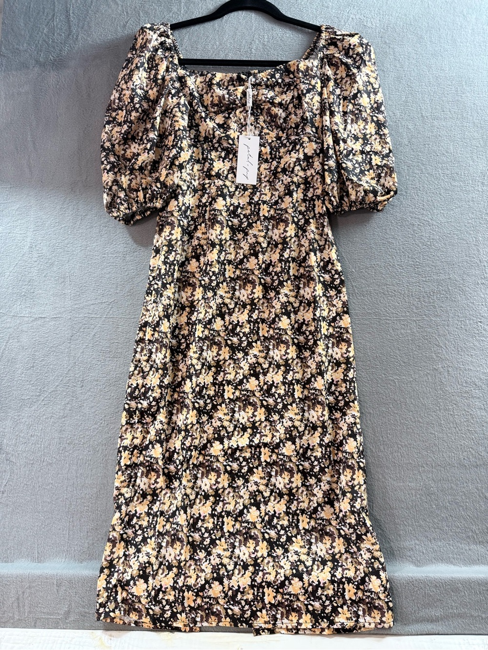Petal & Pup Black Floral Square-Neck Puff Sleeve Midi Dress